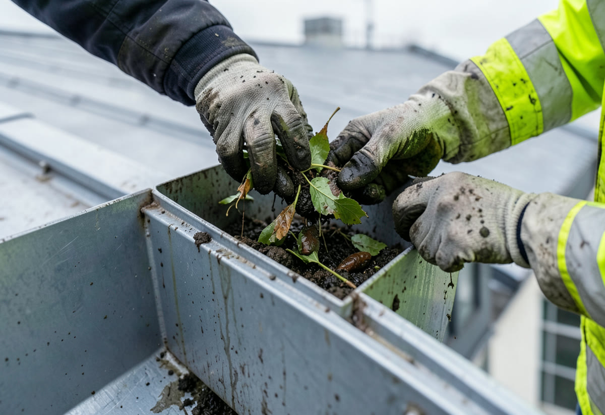 Commercial roof gutter cleaned and inspected before a condition report