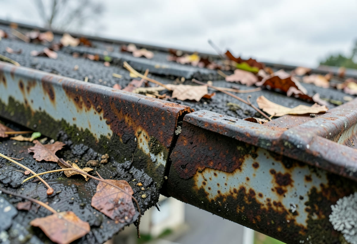 Damaged and debris-filled commercial roof gutter requiring a condition report
